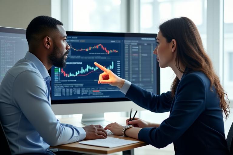 Profesionales revisando datos financieros en pantallas, representando precisión y análisis